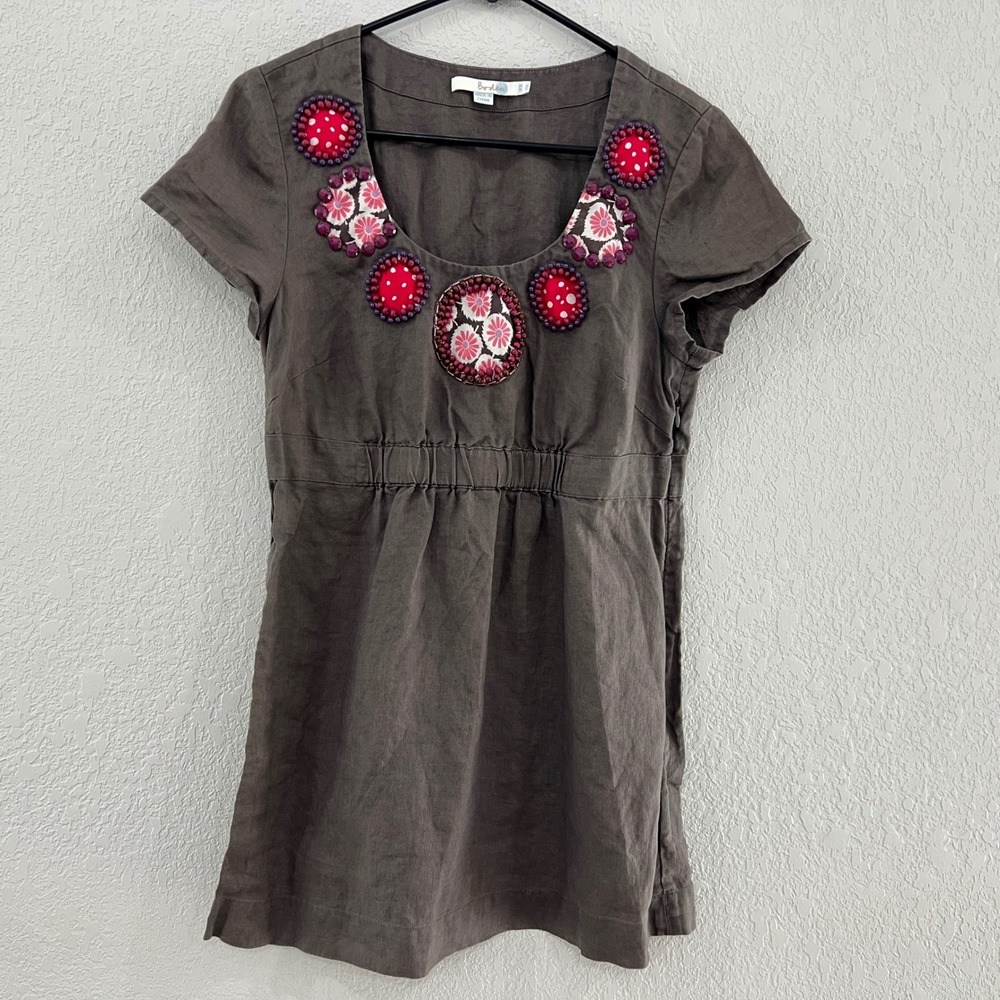Boden Womens US 10 Brown Cotton Beaded Applique Tunic Dress Short Sleeve Boho